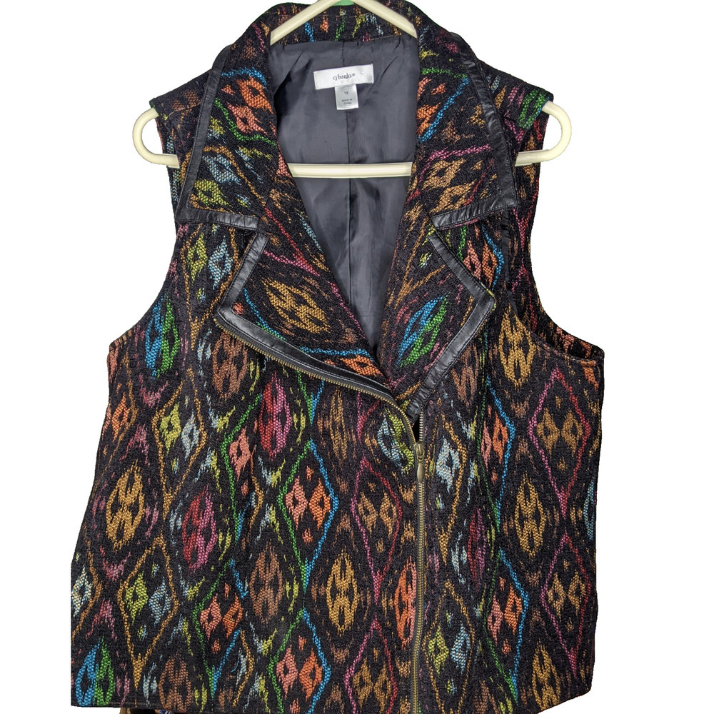 CJ Banks Women's 1X Multicolor Geometric Vest Heavy Leather Trim Gold Zip